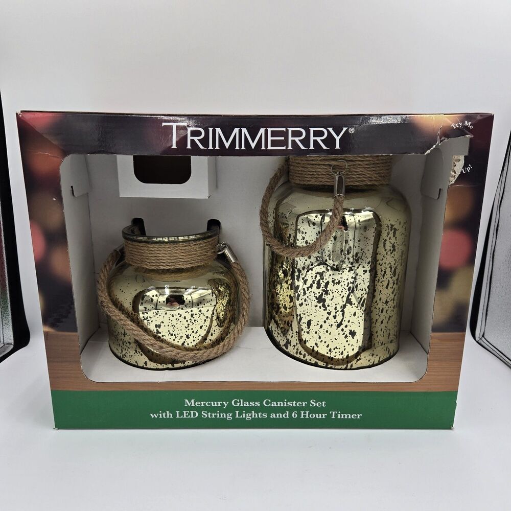 TRIMMERRY Set Of 2 Gold Mercury Glass Canisters set LED String Lights 6hr timer